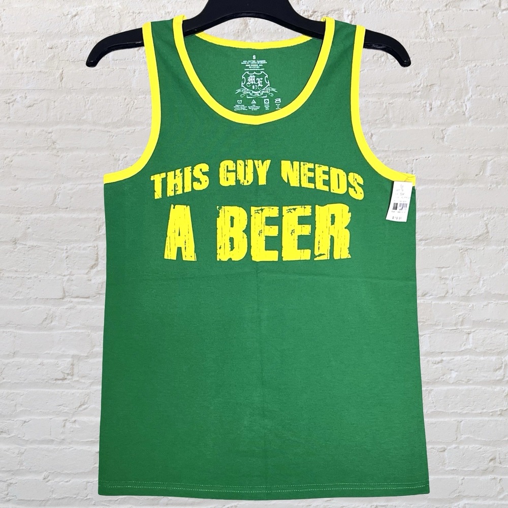 Mad Engine This Guy‎ Needs A Beer Ringer Tank Top Size S Green Yellow Funny NWT
